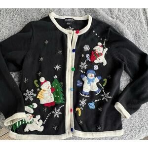 Vintage Christmas Cardigan, Snowmen, snowflake, All Points 90s Ramie, Lg